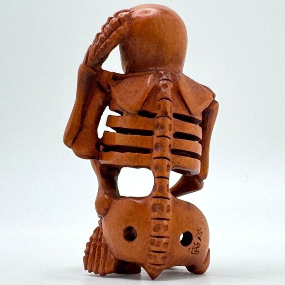 Netsuke Large Skeleton Hand on Head Hardwood Carved Sculpture Japanese Vintage 2 - Picture 7 of 8